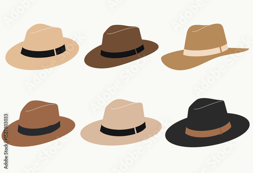 Complete your stylish look with this versatile collection of six classic fedora hats in earthy, neutral tones, a perfect accessory for any fashion or travel theme.
