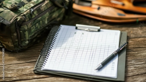 Outdoor record keeping.  A spiral-bound notebook with grid paper, a pen, and a clipboard rest on a wooden surface.  A camouflage backpack is in the background