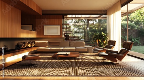 A modern living room with wood paneling, minimalist furniture, and large glass windows overlooking a lush garden.