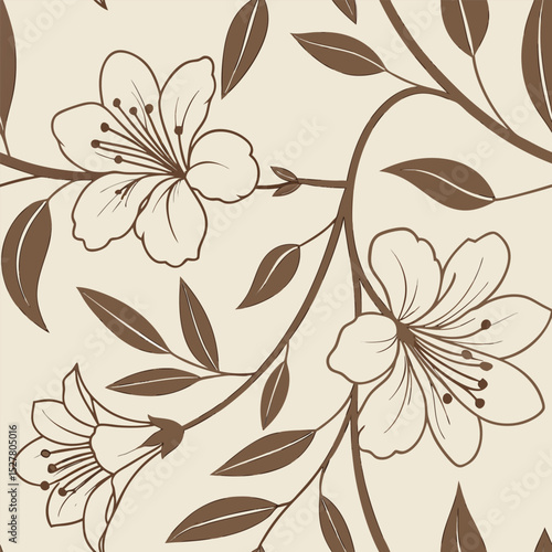 Delicate brown floral pattern with blooming flowers and leaves on a cream background
