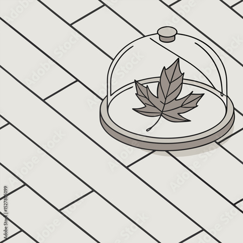 A solitary maple leaf preserved under a glass dome, resting on a herringbone tile surface
