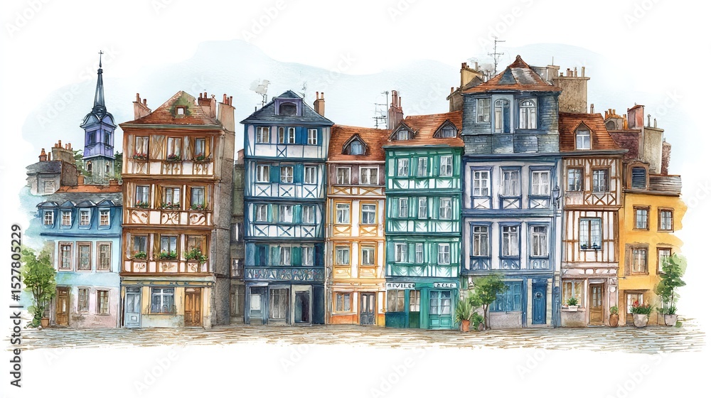 Fototapeta premium Charming watercolor painting of historic European buildings in a quaint town square filled with vibrant color and
