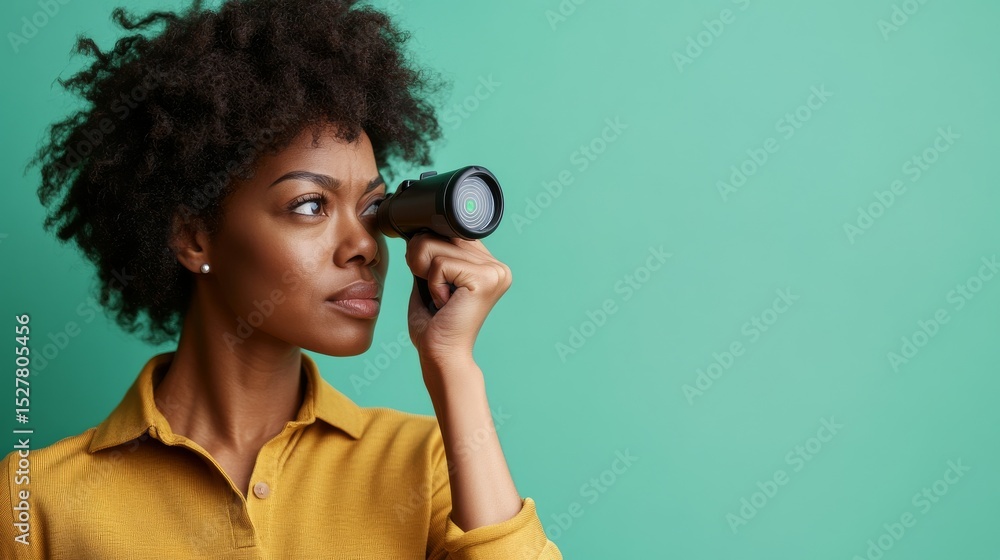 Obraz premium African American Woman Looking Through Spyglass, Future ,Vision