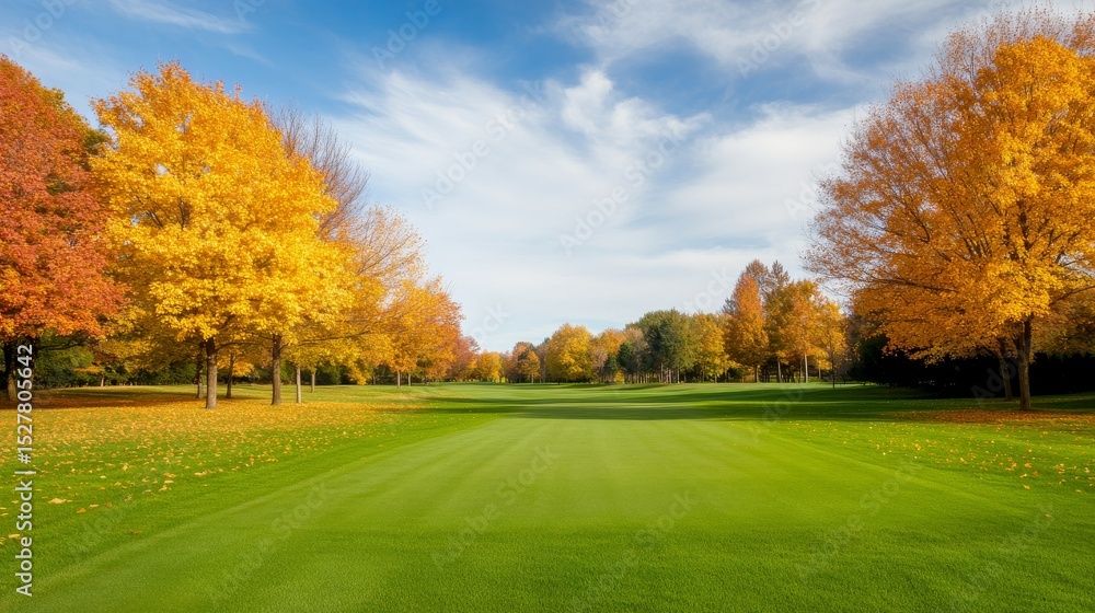 Fototapeta premium Autumn Golf Course Green Fairway, Colorful Trees and Blue Sky , golf , autumn