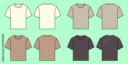 Women short sleeve with crew neck crop t-shirt colourway bundle technical drawing fashion flat sketch vector illustration template front and back views outline CAD mockup