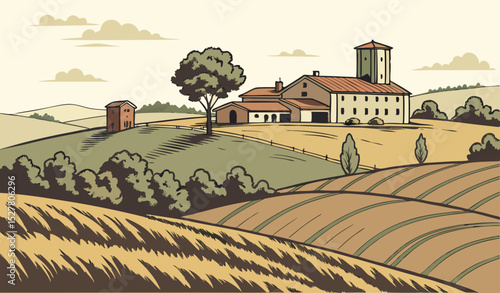 Painting of Farm on hill border architecture landscape outdoors. 