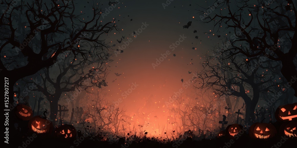 Halloween pumpkins in spooky forest scene at night Halloween pumpkins in spooky forest scene at night