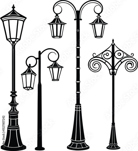 Collection of classic street lamp post designs black and white illustrations