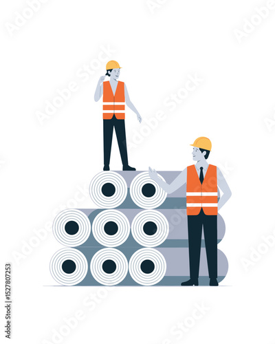 Construction workers inspecting material rolls