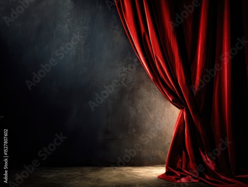 Dramatic red theater curtain with spotlight on dark background