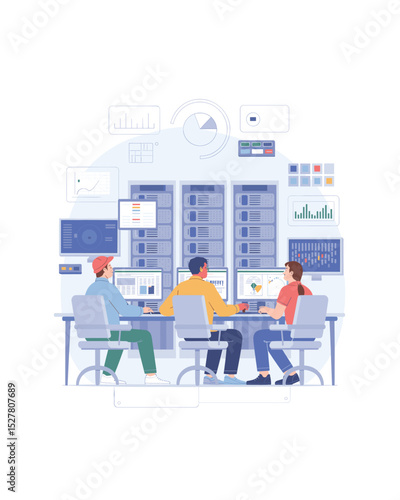 Data center team analyzing business metrics