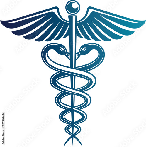 Caduceus medical symbol with wings and snakes gradient blue