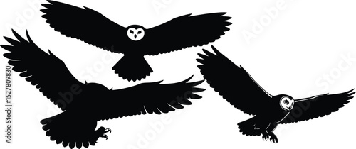 Flying Owl Silhouettes Vector Set - Diverse Poses,Owl  Silhouette Vector Bundle

