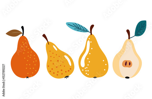 Colorful Hand-Drawn Pears. Set of four vector pears. Modern flat design illustration is perfect for food-themed prints, kitchen decor, children’s books, or fruit packaging.