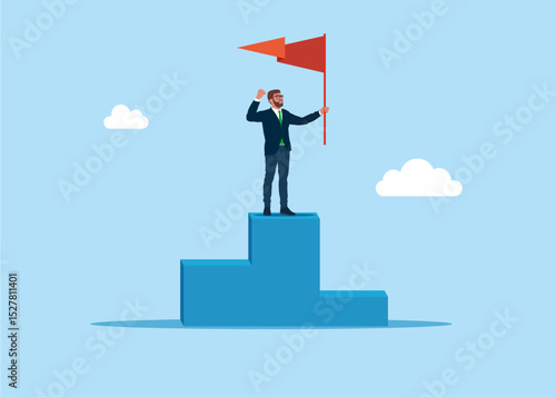 Proud businessman holding winner red flag on first place podium. Celebration of success and career victory. Vector illustration.