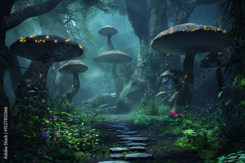  magical forest filled with towering bioluminescent mushrooms and a glowing path, ideal for fantasy, gaming, and storytelling visuals