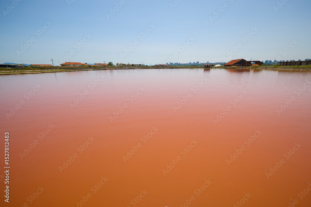landscape from Lake Atanasovsko Salt located near Burgas in Bulgaria Famous for its pink color, Desalination lake now used for treatments landscape from Lake Atanasovsko Salt located near Burgas in Bulgaria Famous for its pink color, Desalination lake now used for treatments