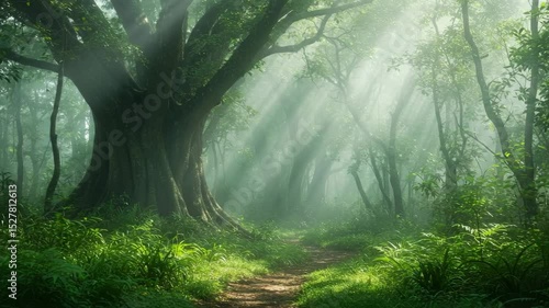 Majestic forest path with sunlight filtering through trees  