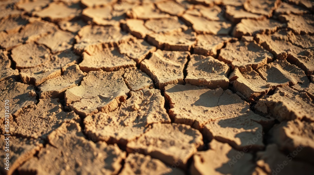 Fototapeta premium Parched earth displays cracked dry surface, showing signs of drought and climate change impact.