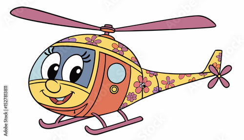 Retro cartoon groovy helicopter kids toy character with cheerful friendly face, spinning rotor blades and hippie floral pattern. Playful aircraft y2k retro personage for children transportation games 