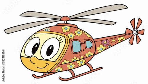 Retro cartoon groovy helicopter kids toy character with cheerful friendly face, spinning rotor blades and hippie floral pattern. Playful aircraft y2k retro personage for children transportation games 
