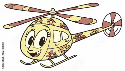 Retro cartoon groovy helicopter kids toy character with cheerful friendly face, spinning rotor blades and hippie floral pattern. Playful aircraft y2k retro personage for children transportation games 