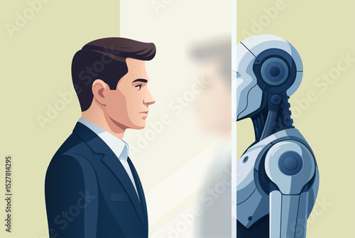 Man opposite robot with artificial intelligence. Concept of personality dissolution and disappearance due to AI. Vector illustration.
