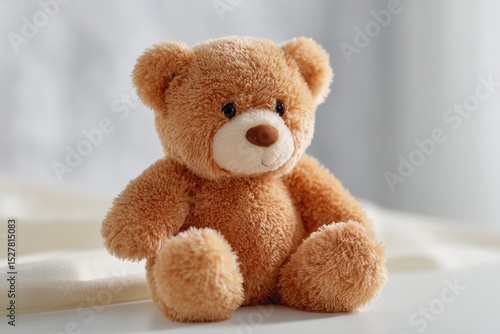 Soft plush teddy bear for baby on white surface