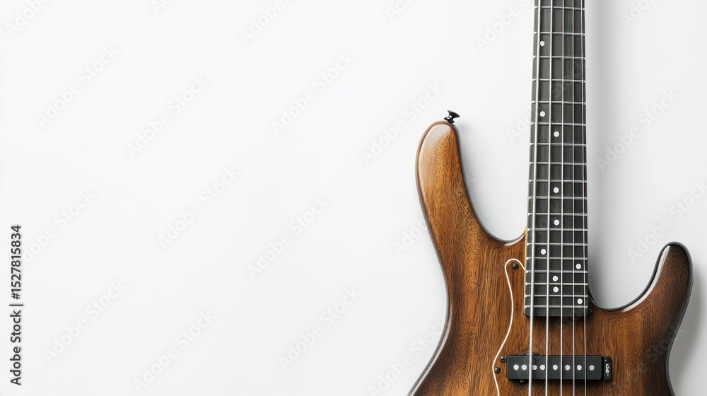 Obraz premium A bass guitar with a smooth neck and strings, space for text on the right, set against a white background