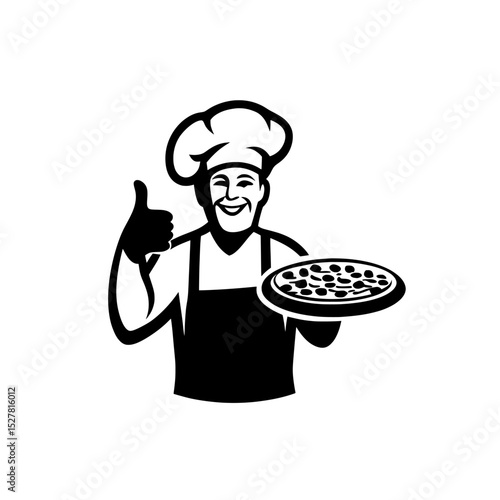 chef holding a tray , Chef holding pizza with thumbs up in black and white illustration on white background , no background