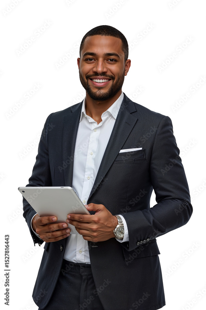 Smiling man in suit holding a tablet against a black background in a studio setting portrait view on transparent background Smiling man in suit holding a tablet against a black background in a studio setting portrait view on transparent background