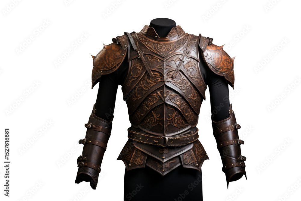 Ornate brown leather medieval armor, meticulously crafted with intricate floral designs, displayed on a mannequin. background removed Ornate brown leather medieval armor, meticulously crafted with intricate floral designs, displayed on a mannequin. background removed