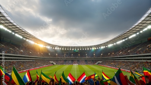 Vibrant World Cup stadium background with cheering crowds and colorful flags