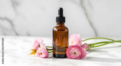 Amber glass bottle of beauty serum with dropper and delicate pink flowers on marble.