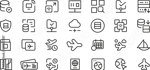 Travel Booking & Management System Icons  A Comprehensive Set of Line Art Vector Graphics for Web and App Design