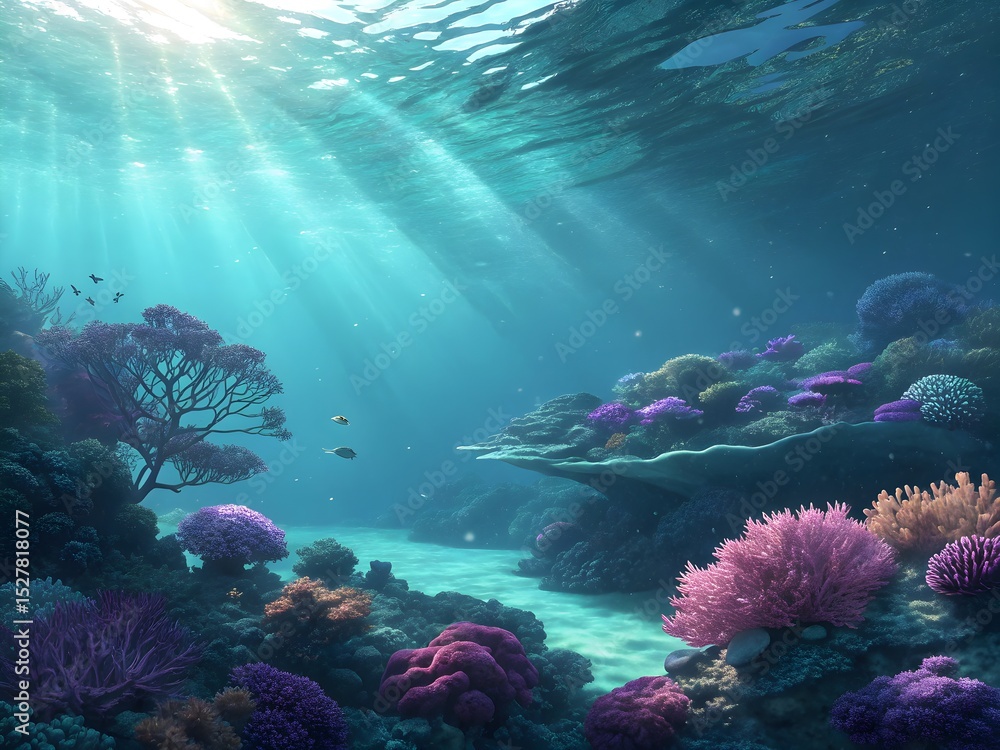 Naklejka premium Underwater Paradise: Dive into the vibrant world beneath the waves, where sunlight streams through the crystalline water, illuminating a kaleidoscope of colorful coral reefs and diverse marine life.