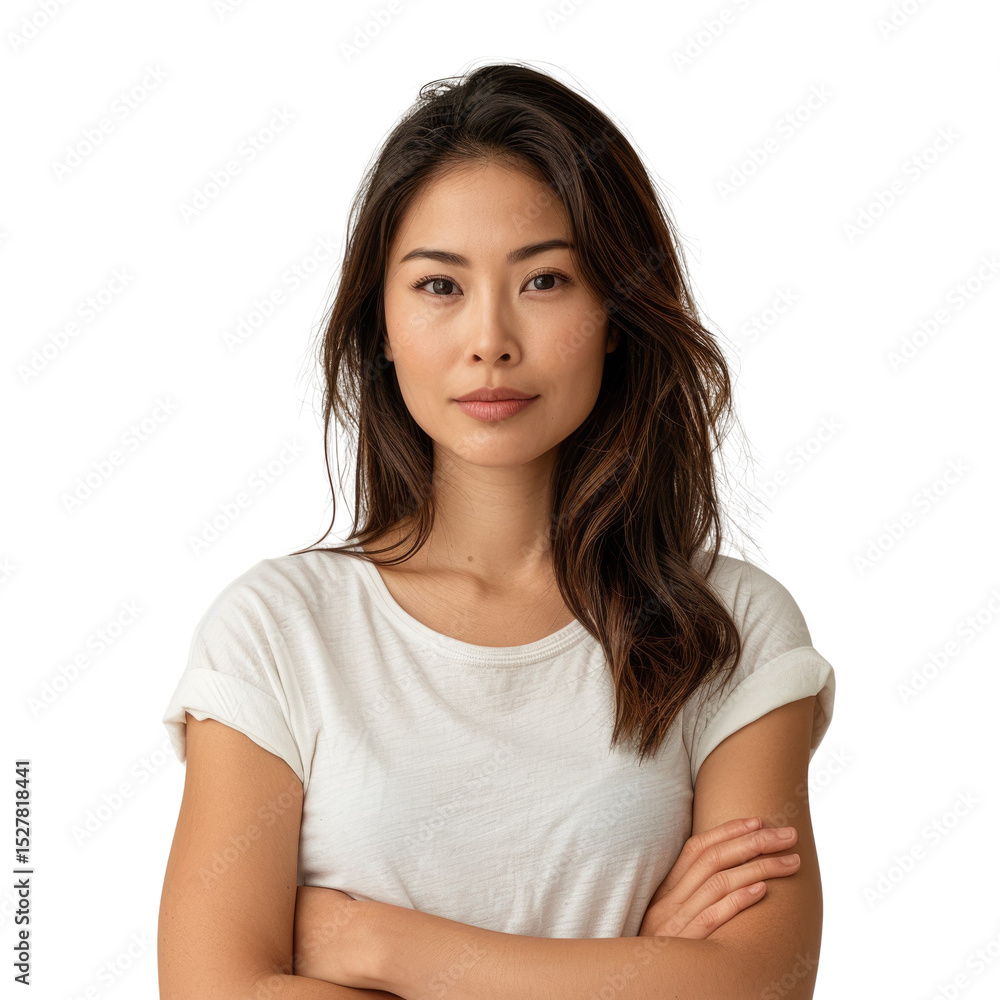 A young Asian woman with long brown hair, wearing a white t-shirt, poses with her arms crossed. background removed A young Asian woman with long brown hair, wearing a white t-shirt, poses with her arms crossed. background removed