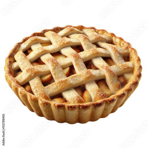 A round apple pie sits ready to eat with a classic lattice crust pattern. The pie has a golden crust and visible apple slices