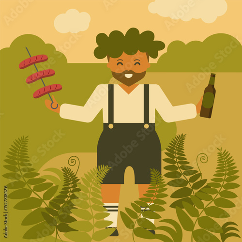 Midsummer celebrating, Man with beer and sausages, in nature and fern, summer solstice day, ligo - latvian national summer event. Vector illustration