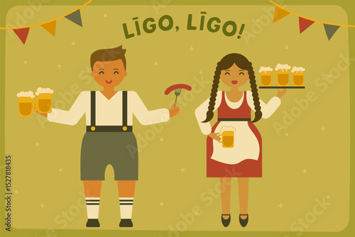 Midsummer celebrating, woman and man with beer, summer solstice day, ligo - latvian national summer event, people with food and drinks. Vector  illustration