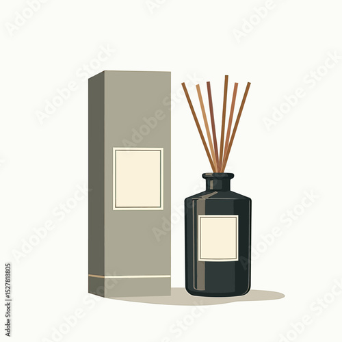 A sophisticated home fragrance experience with this minimalist reed diffuser set, featuring a sleek black bottle and an elegant grey box, both with blank labels.
