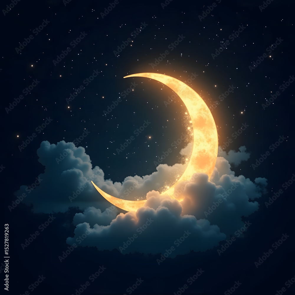 Obraz premium Moonlit Dreamscape: A celestial panorama unfolds, where a luminous crescent moon serenely rests atop fluffy clouds. The enchanting scene is adorned with a multitude of twinkling stars.