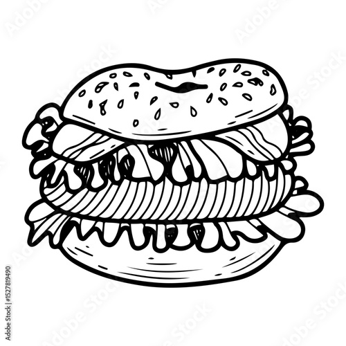 Bagel sandwich. Hand drawn doodle vector. Baked tasty breakfast food. Bread ring for hamburger with meat and vegetables. Confectionery round bun. Bakery cafe menu. Illustration line art element.