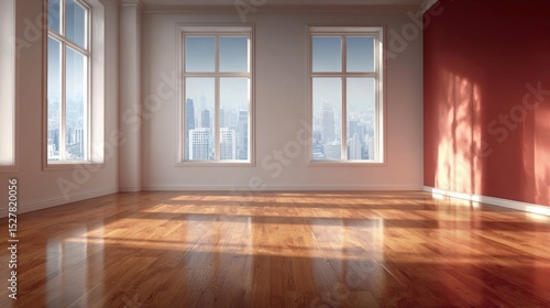 Bright and Spacious Empty House Interior Featuring Wooden Floors and Large Windows with City View