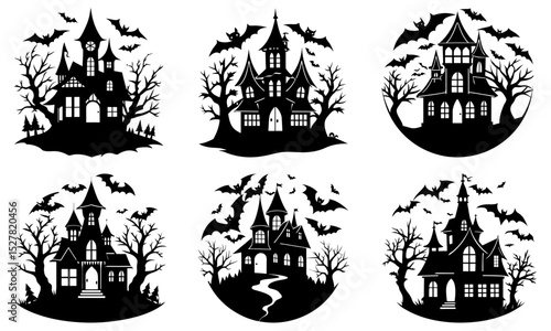 Collection of six silhouette halloween haunted houses with bats and trees