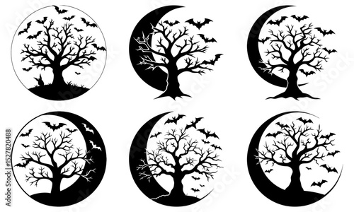 Collection of halloween themed images featuring trees and bats silhouettes