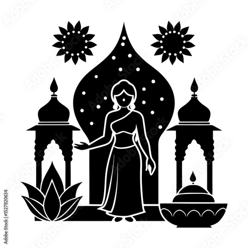 Silhouette of indian woman with lotus flowers and temple architecture