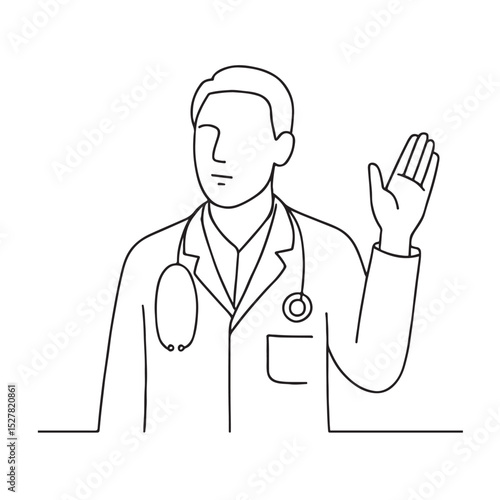 Line Art of Doctor Taking Oath with Raised Hand