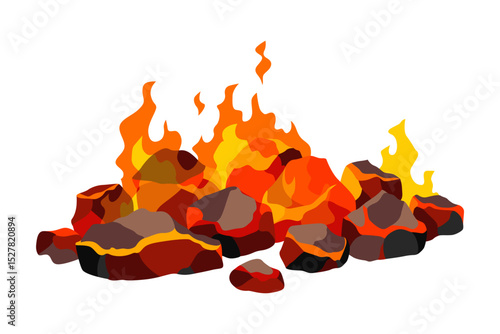 Burning coal. Realistic bright flame fire on coals heap. Closeup vector illustration for grill blaze fireplace, hot carbon or glowing charcoal image