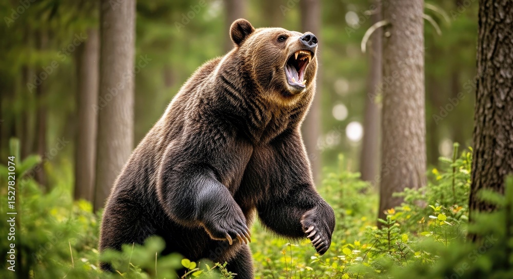 Fototapeta premium Roaring Bear Captured Mid Roar in Dense Forest Wilderness
